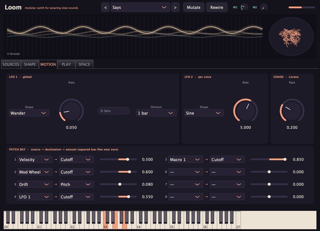 Loom, Motion page: LFOs, chaos and patch bay